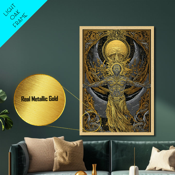 Divine Sun God Artwork, Metallic Gold Metal Print, Mythology Inspired Celestial Wall Art, Real Wood Framed Print