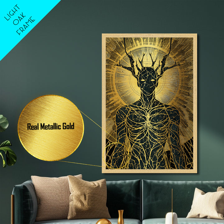 Mythic Antlered Deity, Metallic Gold Metal Print, Cosmic Inspired Wall Art, Real Wood Frame For Elegant Decor