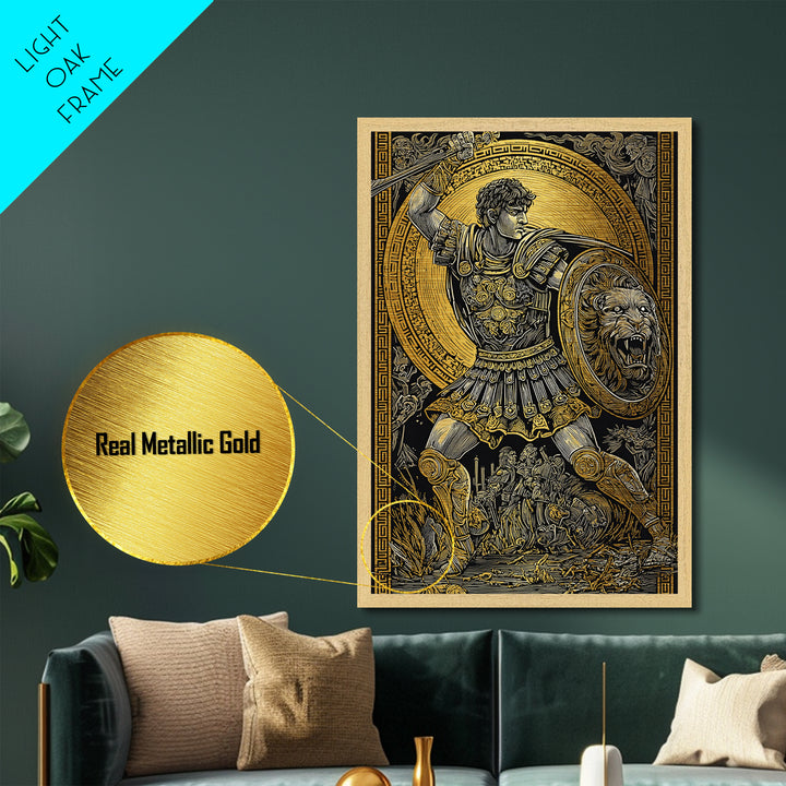 Warrior In Battle Scene, Metallic Gold Metal Print, Ancient Mythology Inspired Wall Artwork, Real Wood Frame