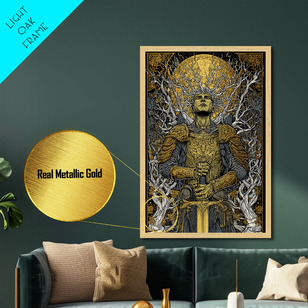 Mythic Guardian With Sword, Metallic Gold Art, Fantasy Inspired Warrior Wall Print, Real Wood Framed Wall Decor