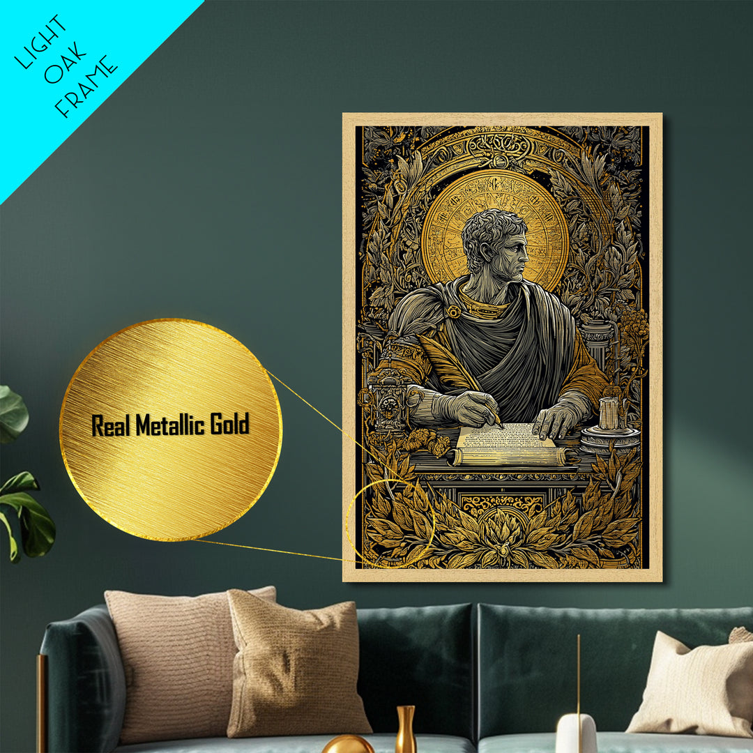Roman Writer Metallic Gold Metal Print, Ancient Scholar Wall Art, Mythology Decor, Luxury Metal Artwork, Real Wood Frame