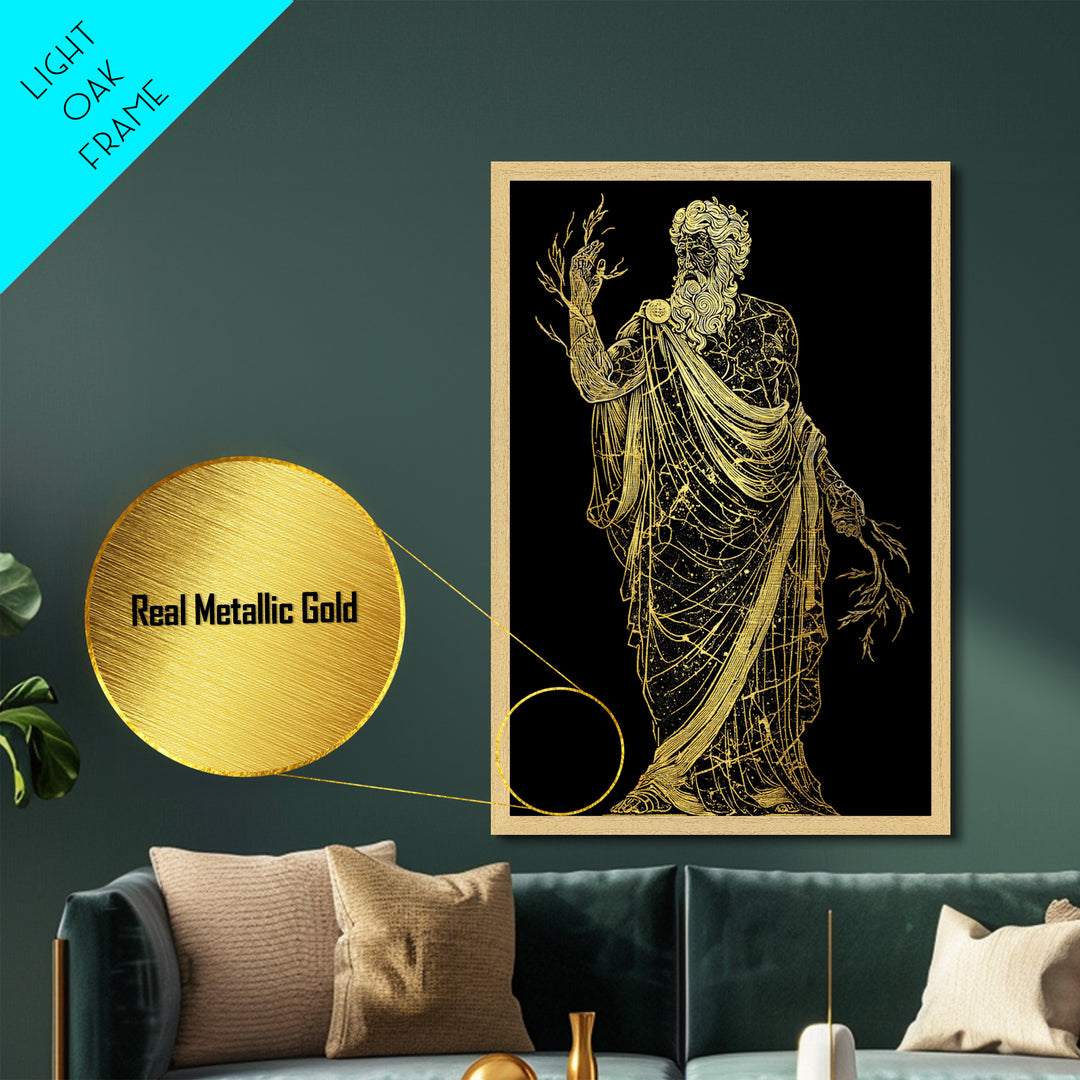Greek God Metallic Gold Art, Zeus Mythology Wall Print, Lightning Power Decor, Luxury Metal Artwork, Real Wood Frame