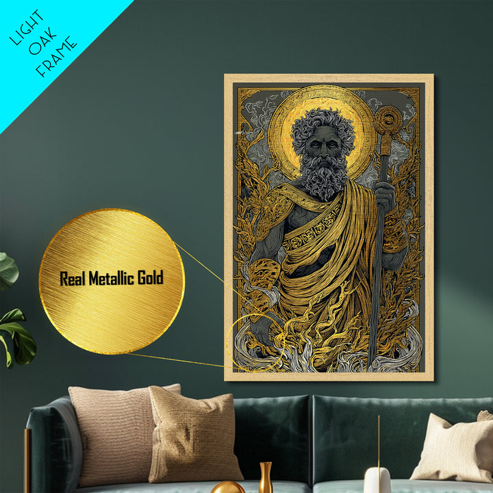 Mythical Elder Metallic Gold Art, Eternal Wisdom Wall Print, Ancient Greek God Decor, Luxury Metal Artwork, Real Wood Frame