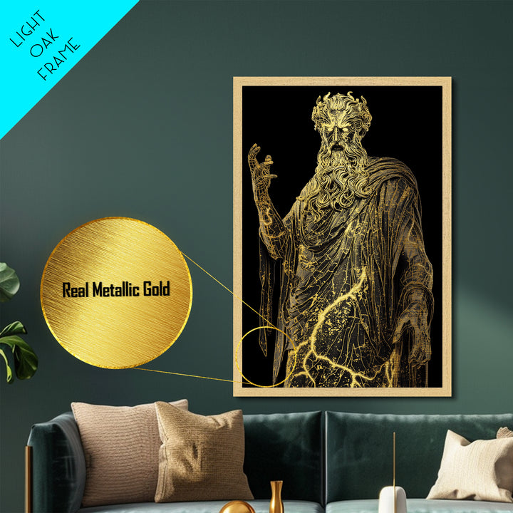 Thunder God Metallic Gold Metal Print, Zeus Mythology Wall Art, Lightning Power Decor, Luxury Classical Artwork, Real Wood Frame