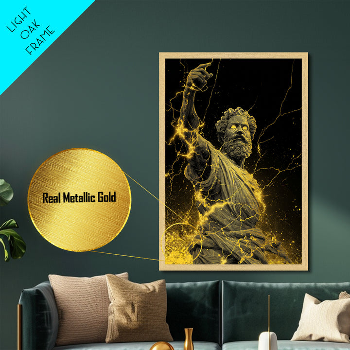 Lightning God Metallic Gold Art, Powerful Zeus Wall Print, Mythology Inspired Decor, Ancient Greek Metal Artwork, Real Wood Frame