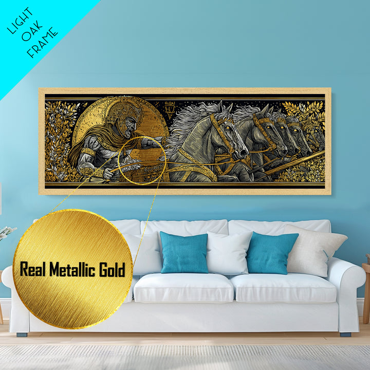 Heroic Greek Warrior With Horses, Ancient Mythology Wall Decor, Metallic Gold Metal Print, Real Wood Frame