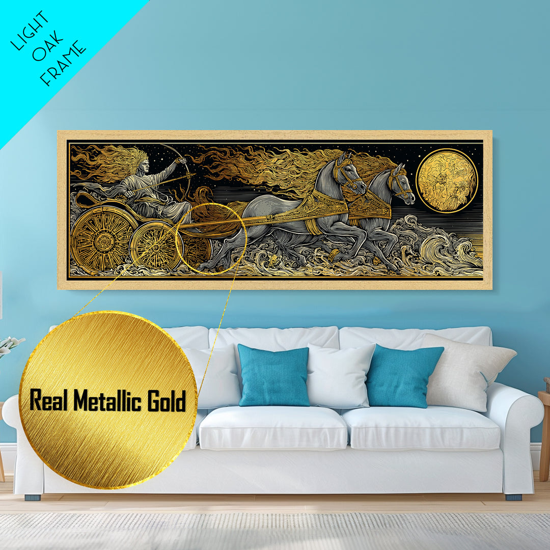Sun God Chariot, Mythological Horses And Flames Wall Decor, Metallic Gold Metal Print, Real Wood Framed Art