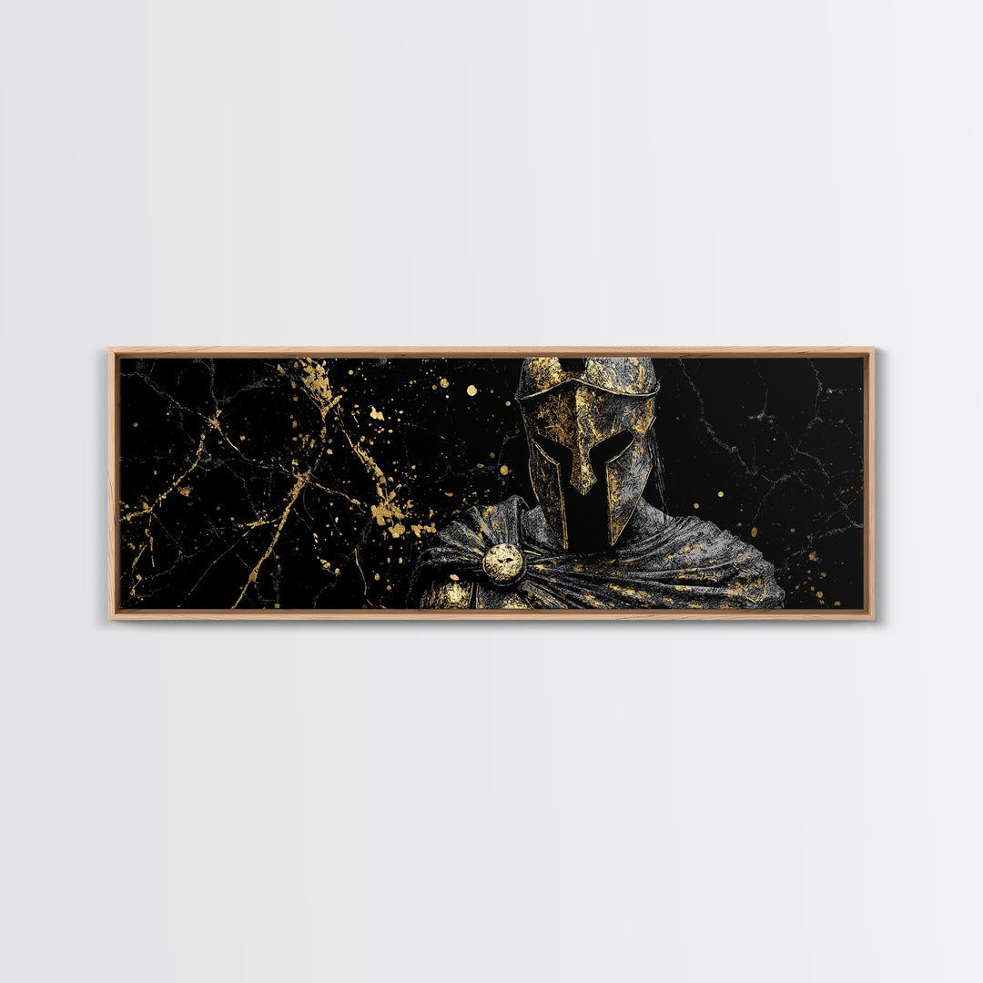 Spartan Warrior Bust Artwork, Ancient Greek Mythological Hero Decorative Symbol, Gold Canvas Print, Real Wood Frame Wall Decor