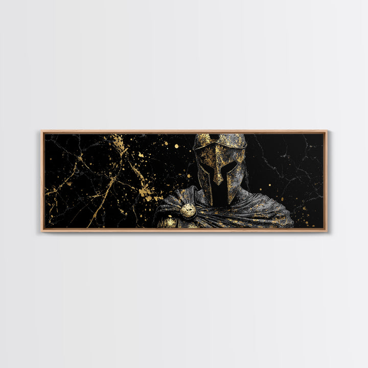 Spartan Warrior Bust Artwork, Ancient Greek Mythological Hero Decorative Symbol, Gold Canvas Print, Real Wood Frame Wall Decor