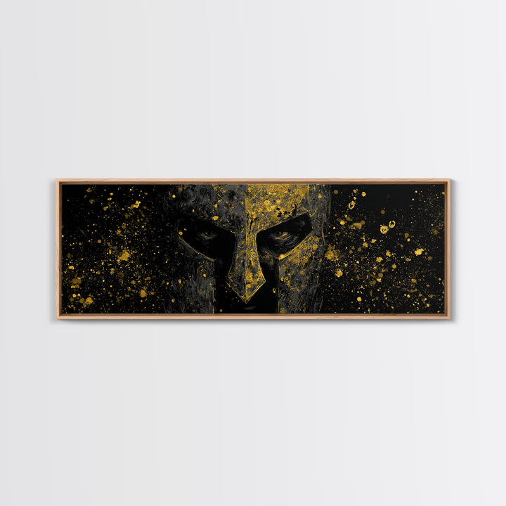 Greek Warrior Face Detail, Spartan Helmet Mythology Decorative Artwork, Gold Canvas Print, Real Wood Frame Ancient Wall Decor