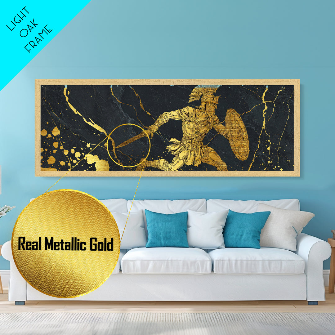 Spartan Warrior With Sword And Shield, Ancient Greek Mythology Wall Decor, Metallic Gold Metal Print, Real Wood Frame