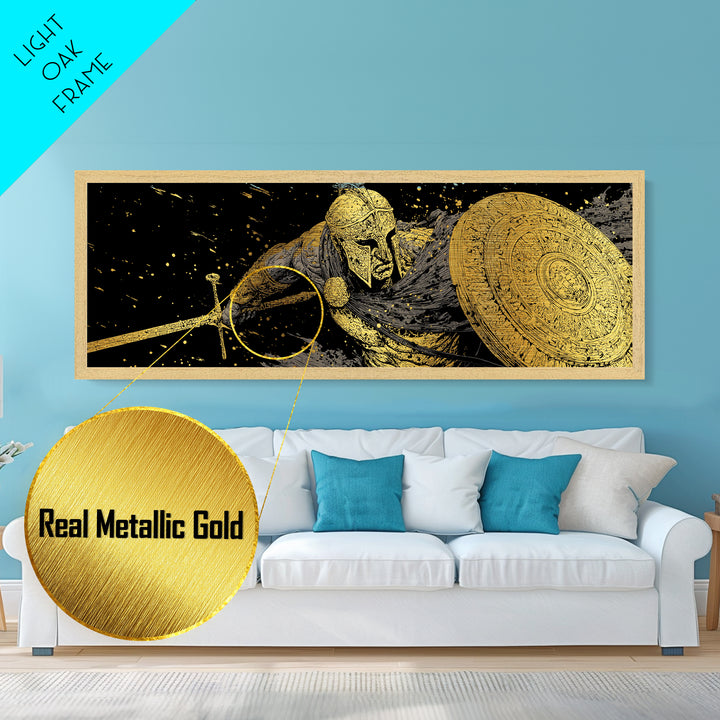 Ornate Spartan Warrior With Shield And Sword, Ancient Battle Scene Artwork, Metallic Gold Metal Print, Real Wood Frame