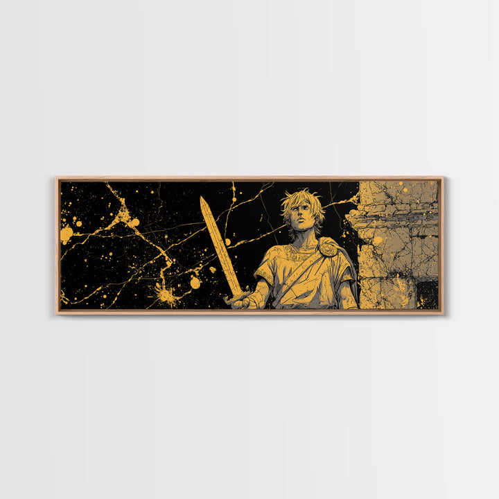 Heroic Young Greek Warrior Standing Tall, Classical Mythology Decorative Wall Art, Gold Canvas Print, Real Wood Frame