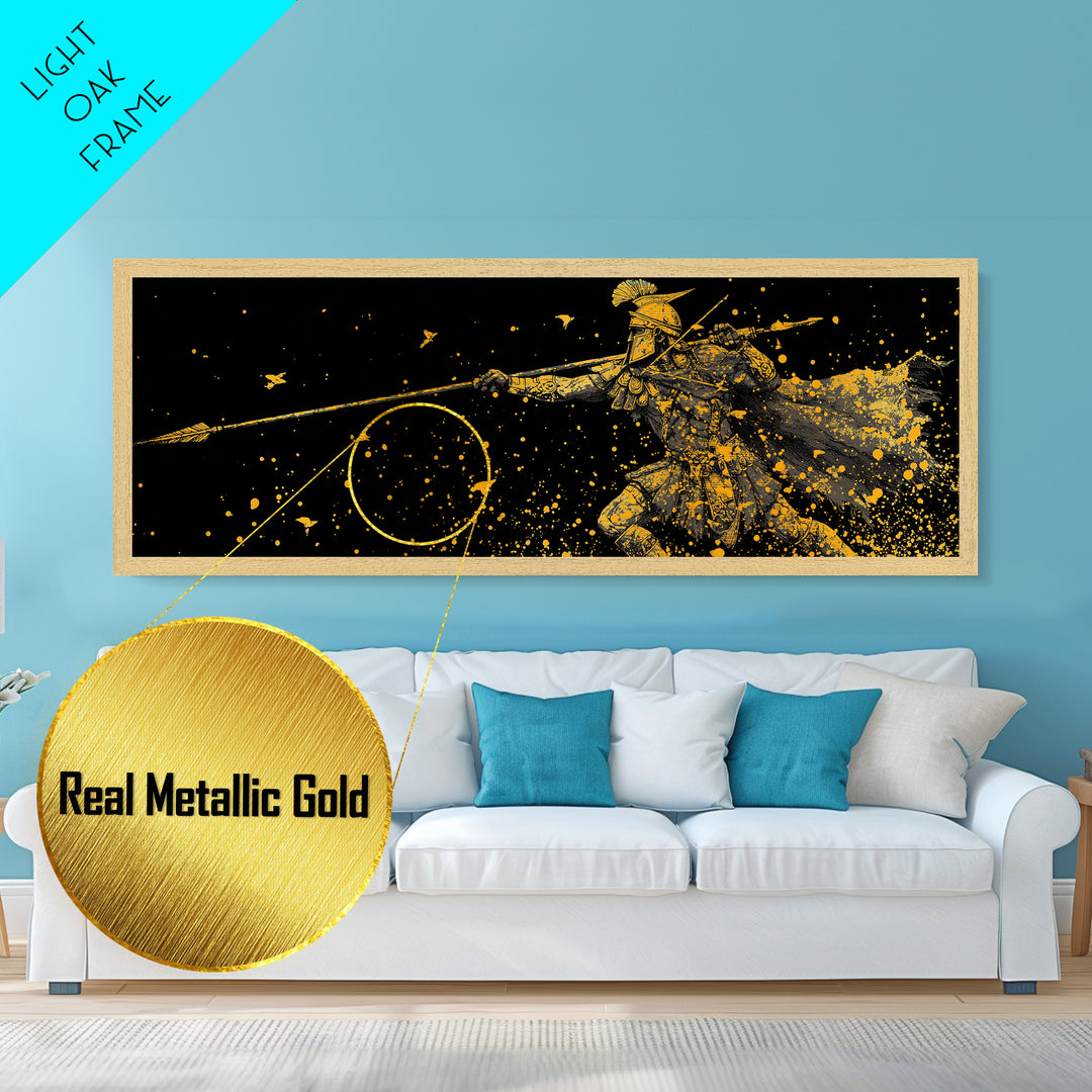 Greek Warrior Throwing Spear In Battle, Ancient Spartan Hero Wall Art, Metallic Gold Metal Print, Real Wood Frame