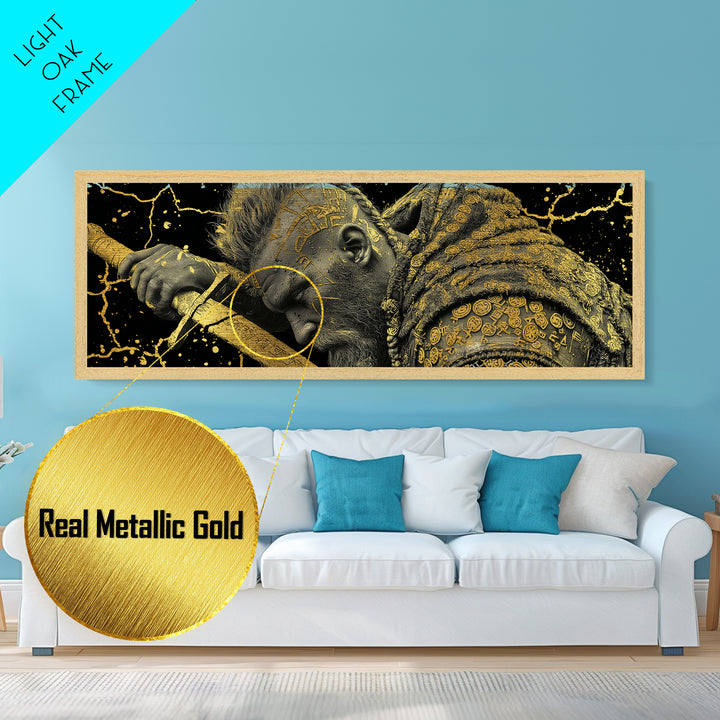 Viking Warrior With Sword And Runes, Mythological Hero Artwork, Metallic Gold Metal Print, Real Wood Frame