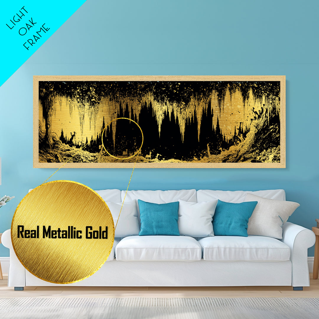 Golden Cave With Stalactites And Figures, Mythological Decorative Wall Art, Metallic Gold Metal Print, Real Wood Frame