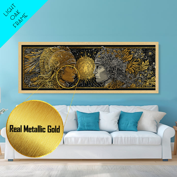 Warrior Gods Face To Face, Ancient Mythological Helmet Artwork, Metallic Gold Metal Print, Real Wood Frame Wall Art