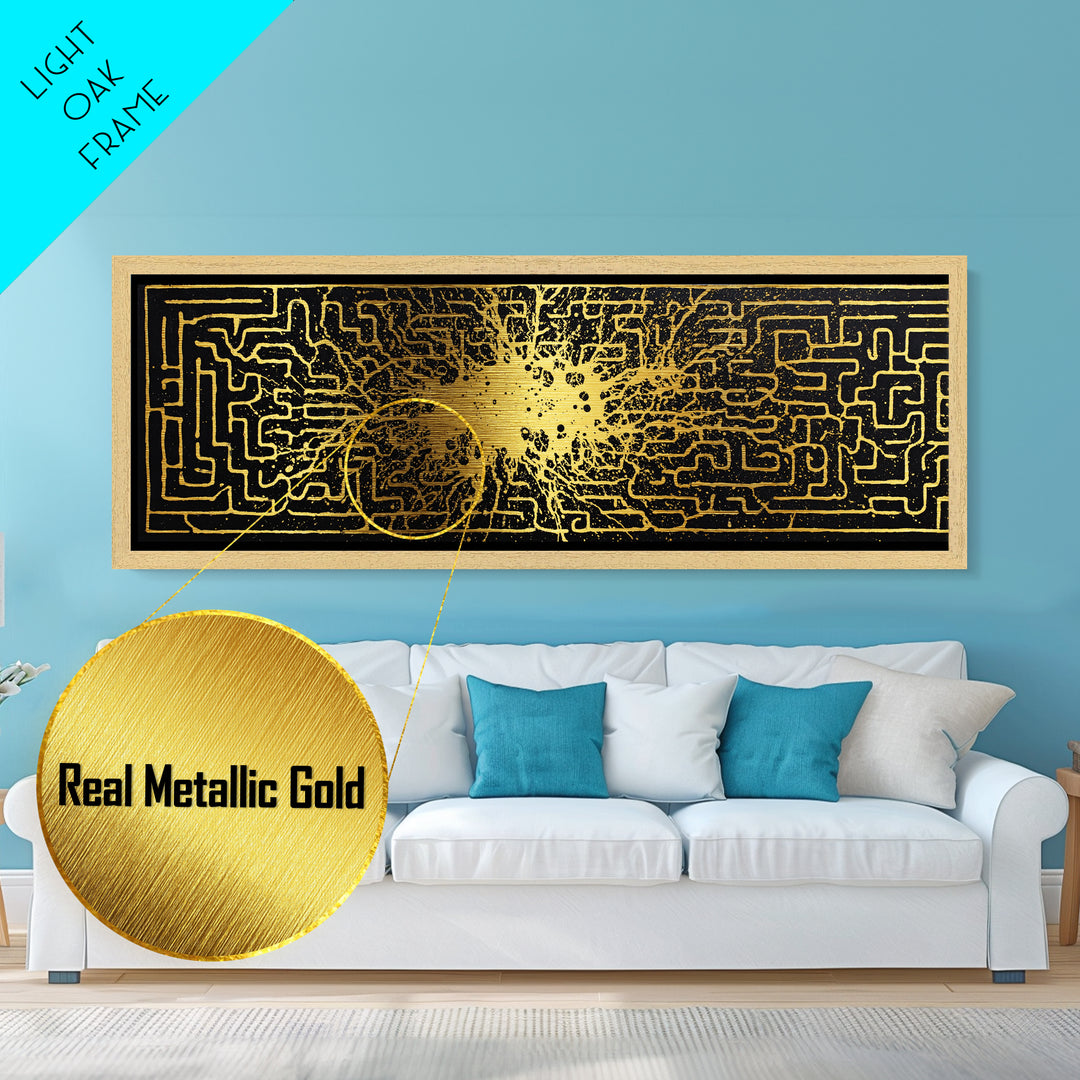 Intricate Labyrinth Pattern Artwork, Mythological Maze Wall Decor, Metallic Gold Metal Print, Real Wood Frame