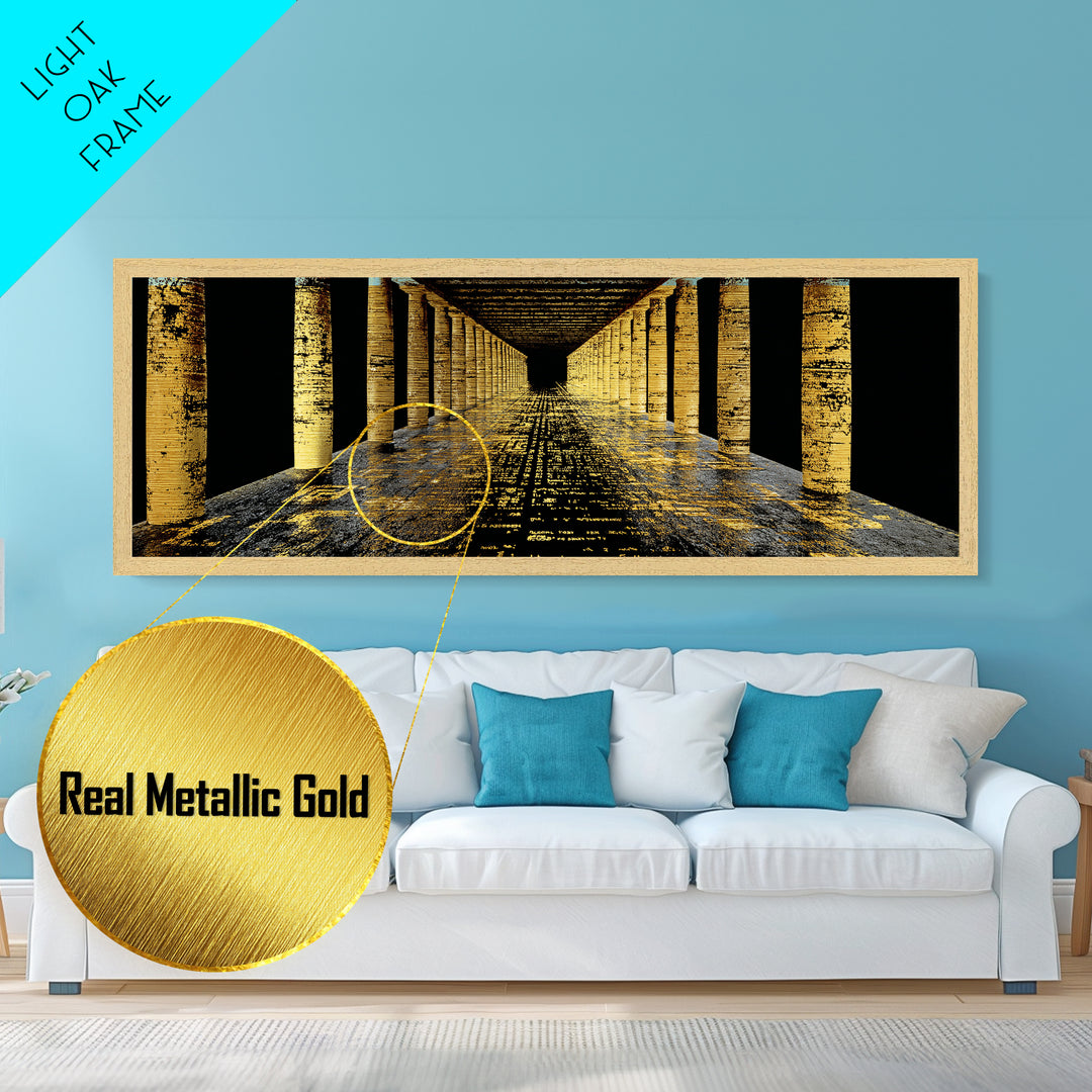 Endless Golden Pillars Corridor, Ancient Greek Architecture Metallic Gold Metal Print, Mythology Wall Art, Real Wood Frame