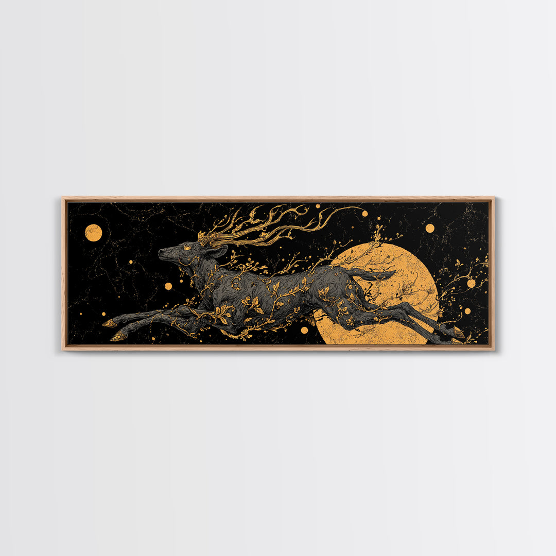 Mythical Stag Running Through Stars, Celestial Deer Artwork, Gold Canvas Print, Real Wood Frame Mythology Art