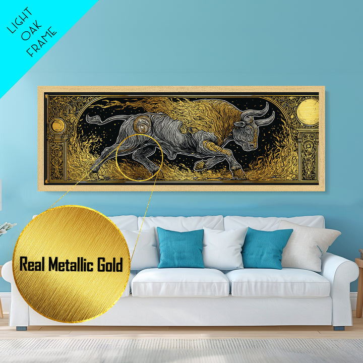Fiery Bull Of Mythology, Charging Beast Symbol Of Strength, Metallic Gold Metal Print, Real Wood Frame Wall Artwork