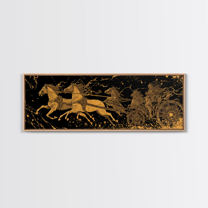 Ancient Chariot Battle Scene, Mythical Horses And Warrior Artwork, Gold Canvas Print, Real Wood Frame Wall Decor