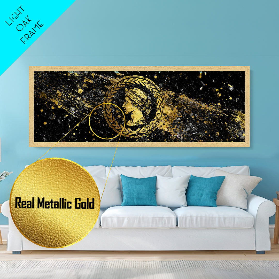 Roman Coin Inspired Portrait, Classical Ancient Empire Wall Artwork, Metallic Gold Metal Print, Real Wood Frame Art