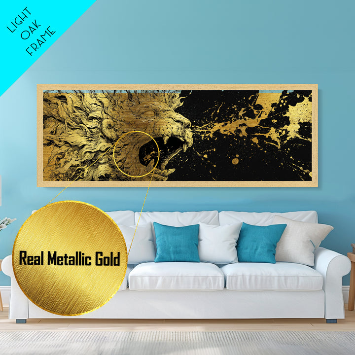 Roaring Lion Of Mythology, Fierce King Of Beasts Ancient Artwork, Metallic Gold Metal Print, Real Wood Frame Wall Decor