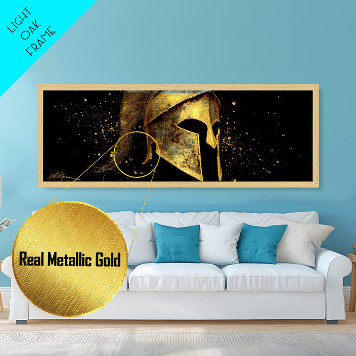 Spartan Warrior Helmet, Ancient Greek Armor Mythological Artwork, Metallic Gold Metal Print, Real Wood Frame Wall Art