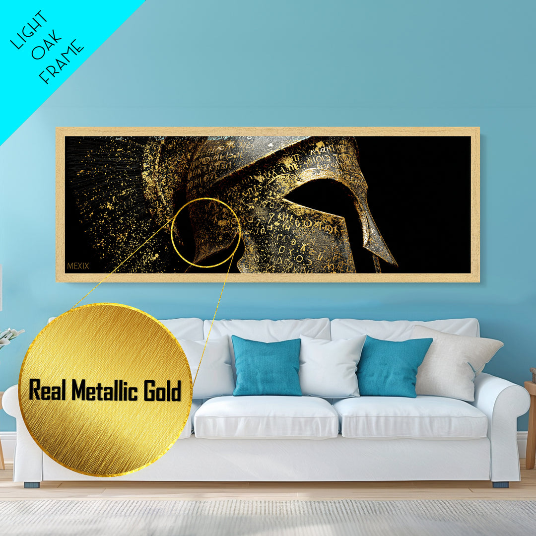 Spartan Helmet Close Up, Ancient Greek Warrior Armor Wall Decor, Metallic Gold Metal Print, Real Wood Frame