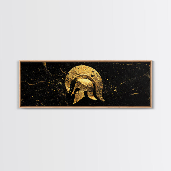 Greek Hoplite Helmet, Ancient Warrior Armor Symbol Wall Artwork, Gold Canvas Print, Real Wood Frame Wall Decor