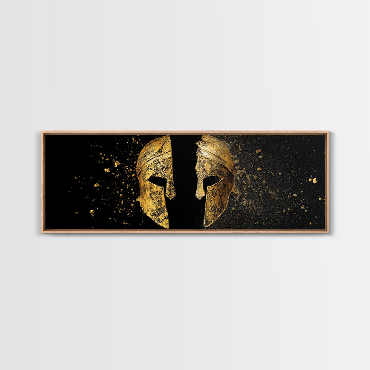 Ancient Spartan Helmet Split Design, Warrior Armor Mythology Artwork, Gold Canvas Print, Real Wood Frame Wall Decor