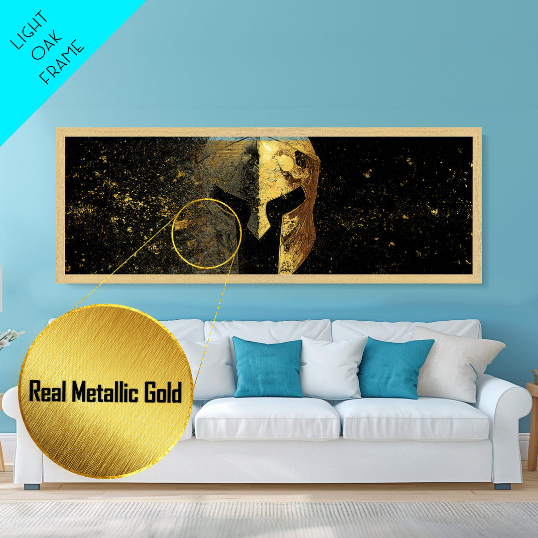 Half Face Spartan Helmet, Ornate Warrior Armor Greek Mythology Artwork, Metallic Gold Metal Print, Real Wood Frame Wall Art