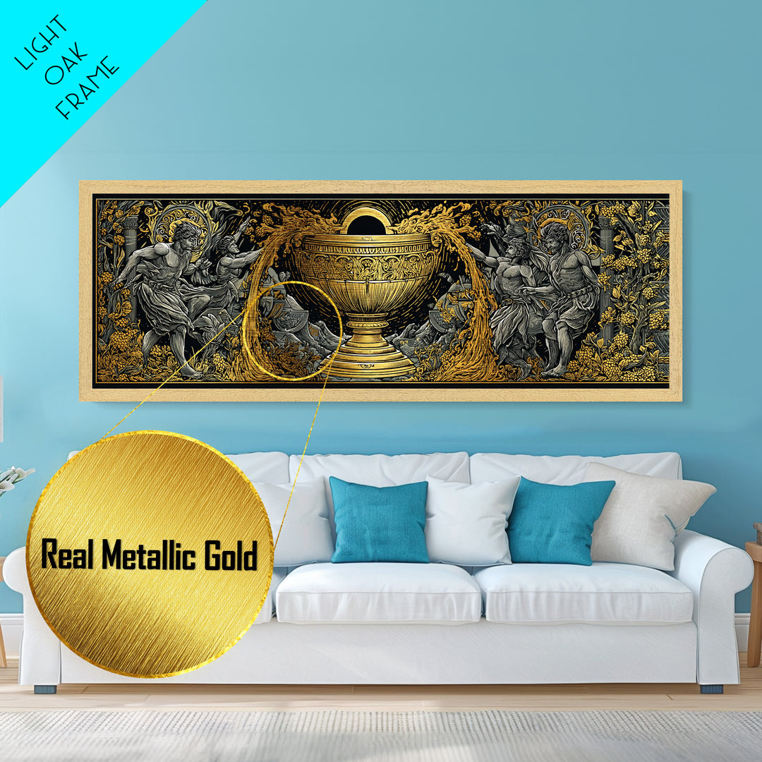 Ancient Chalice Of Gods, Mythological Cup With Figures And Flowing Design, Metallic Gold Metal Print, Real Wood Frame Artwork