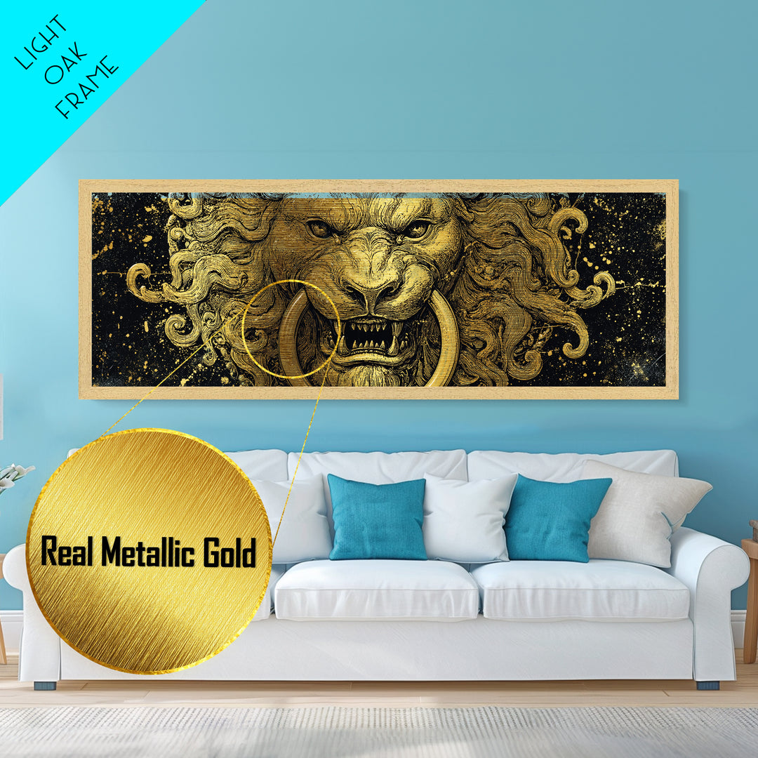 Roaring Lion Head, Fierce Mythological Beast Symbol Of Power Wall Artwork, Metallic Gold Metal Print, Real Wood Frame Wall Decor