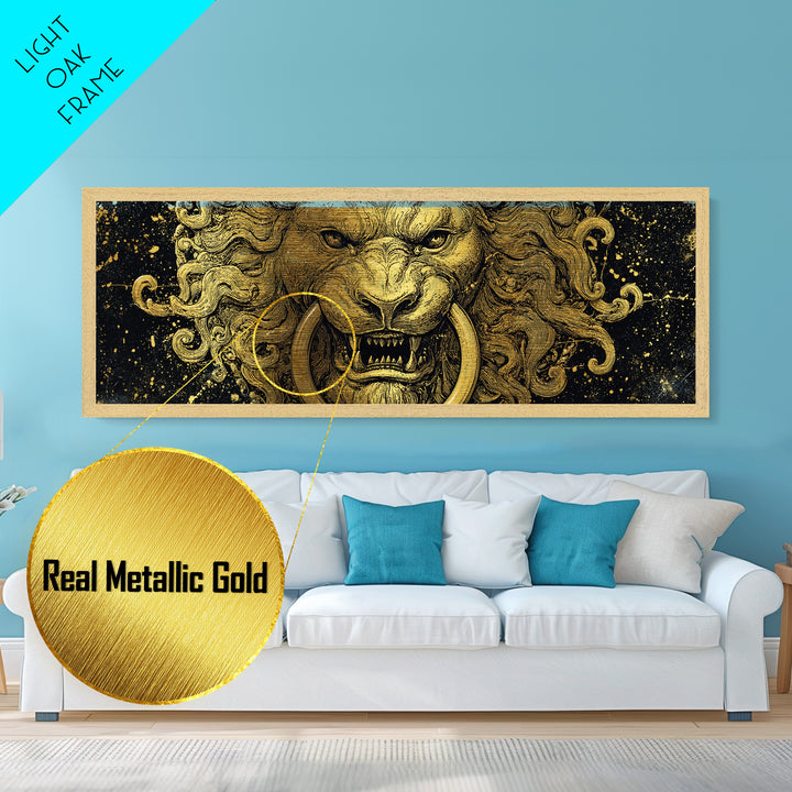 Roaring Lion Head, Fierce Mythological Beast Symbol Of Power Wall Artwork, Metallic Gold Metal Print, Real Wood Frame Wall Decor