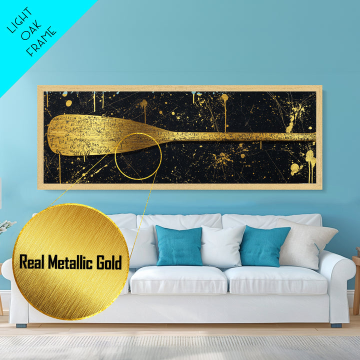 Ancient Oar Artwork, Mythological Paddle With Script Decorative Wall Design, Metallic Gold Metal Print, Real Wood Frame Wall Art
