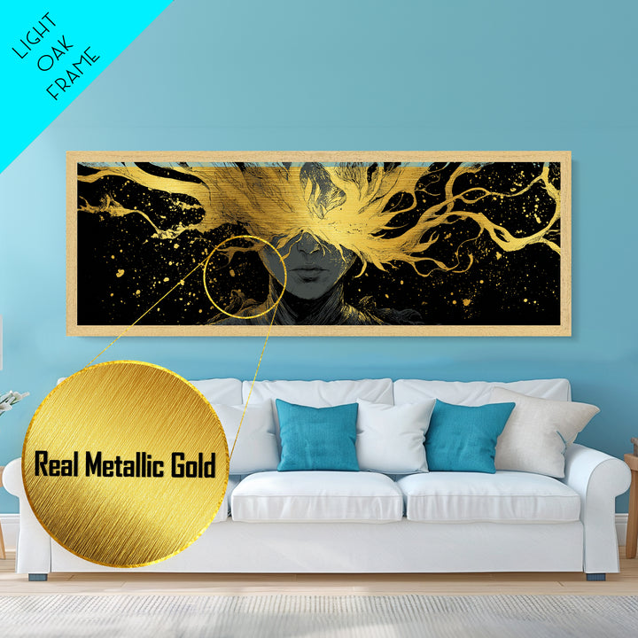 Blinded Mythological Figure, Flowing Fire Vision Symbolic Wall Artwork, Metallic Gold Metal Print, Real Wood Frame Wall Decor