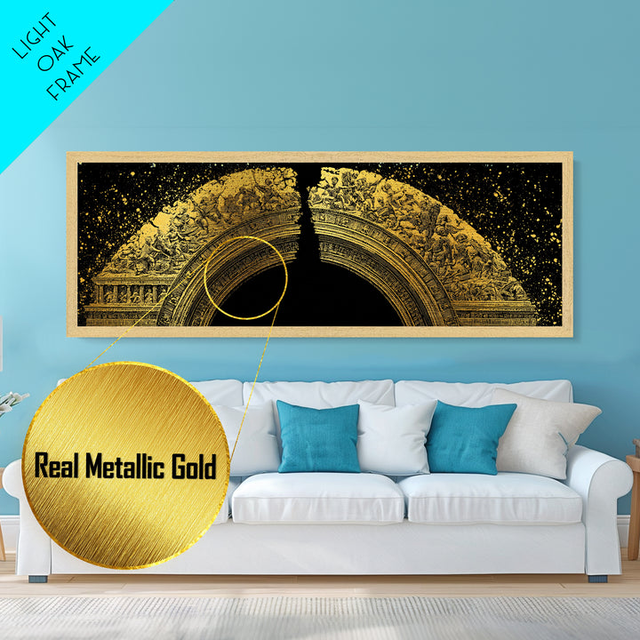 Golden Arch Of Mythology, Classical Greek Relief Sculpture Wall Decor, Metallic Gold Metal Print, Real Wood Frame