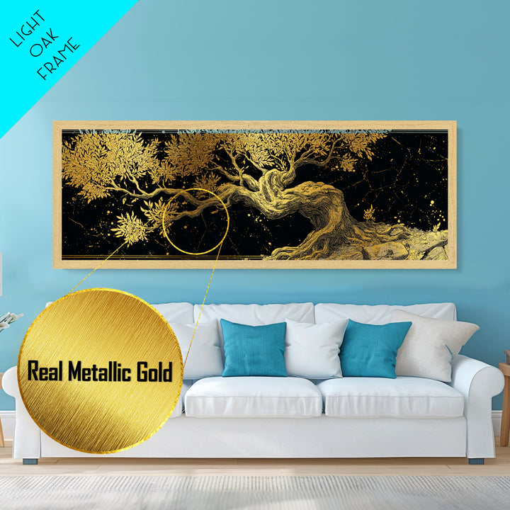 Ancient Olive Tree Artwork, Mythological Symbol Of Peace Decorative Wall Design, Metallic Gold Metal Print, Real Wood Frame Art