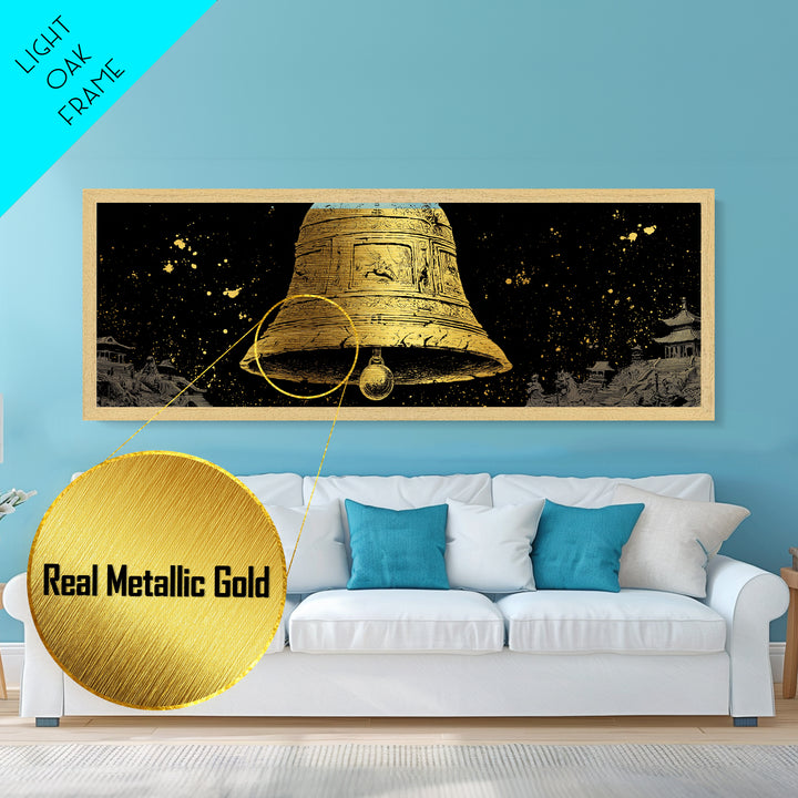 Ancient Golden Bell Artwork, Mythological Temple Scene Decorative Wall Art, Metallic Gold Metal Print, Real Wood Frame Decor