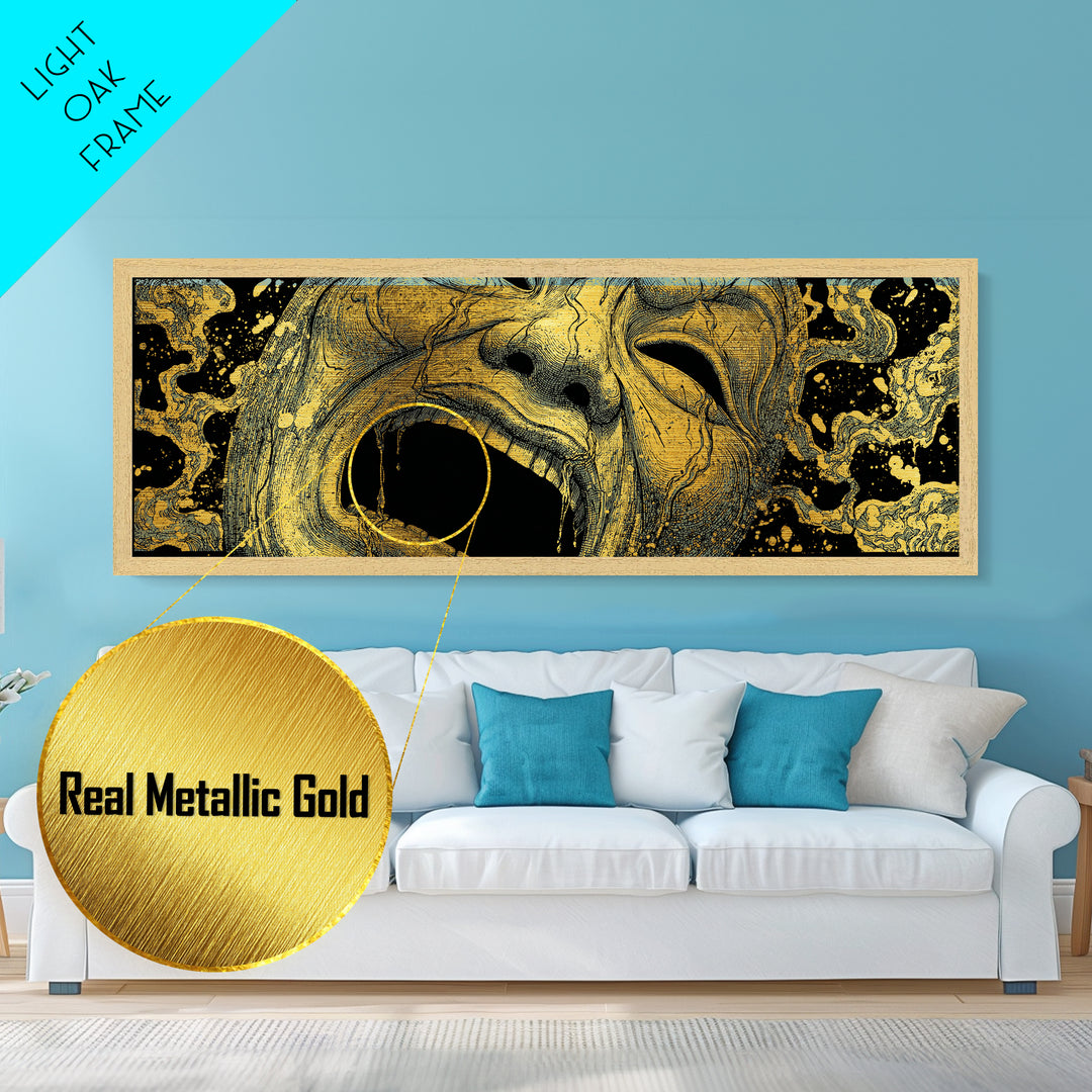 Screaming Tragedy Mask, Ancient Greek Mythological Theater Artwork, Metallic Gold Metal Print, Real Wood Frame Wall Decor