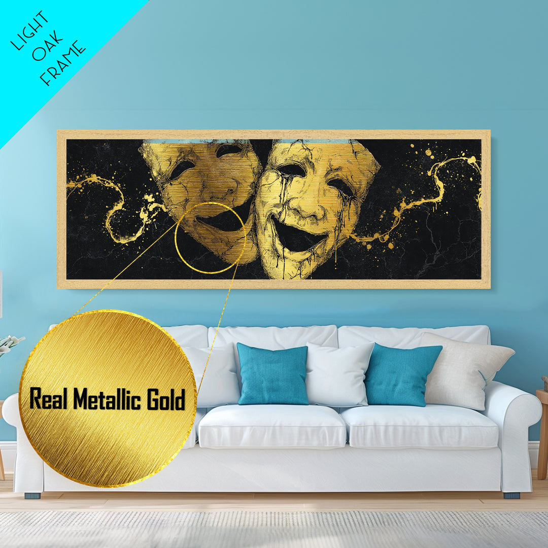 Comedy And Tragedy Masks, Ancient Greek Theater Symbolic Mythological Artwork, Metallic Gold Metal Print, Real Wood Frame Wall Art