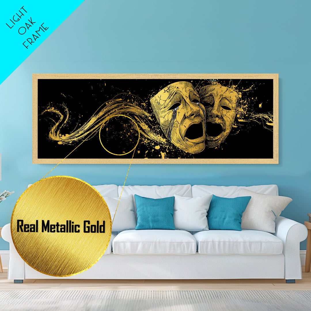Paired Tragic Masks, Mythological Theater Symbol Decorative Wall Artwork, Metallic Gold Metal Print, Real Wood Frame Wall Decor