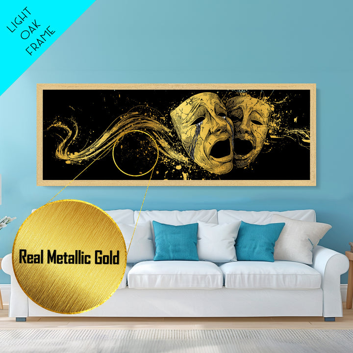 Paired Tragic Masks, Mythological Theater Symbol Decorative Wall Artwork, Metallic Gold Metal Print, Real Wood Frame Wall Decor