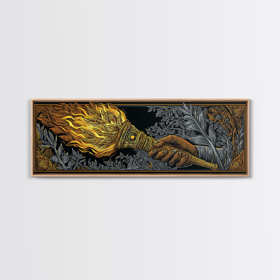 Ancient Torch Of Flames, Mythological Fire Symbol Decorative Wall Artwork, Gold Canvas Print, Real Wood Frame Wall Decor