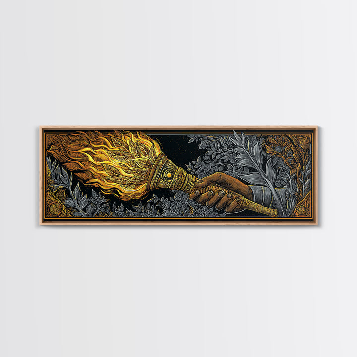 Ancient Torch Of Flames, Mythological Fire Symbol Decorative Wall Artwork, Gold Canvas Print, Real Wood Frame Wall Decor