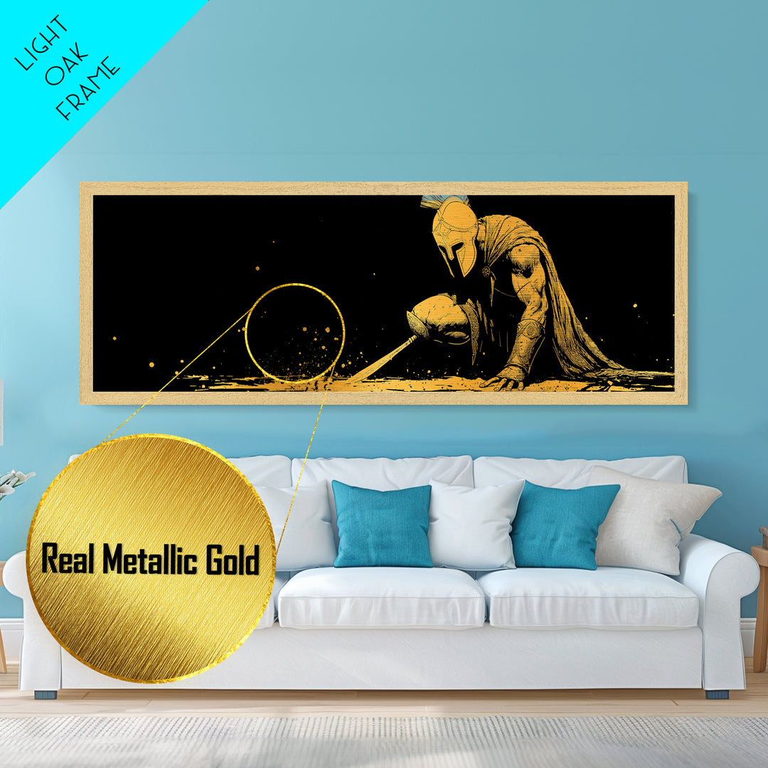 Greek Warrior Kneeling, Ancient Mythological Spartan Soldier With Spear Artwork, Metallic Gold Metal Print, Real Wood Frame Decor
