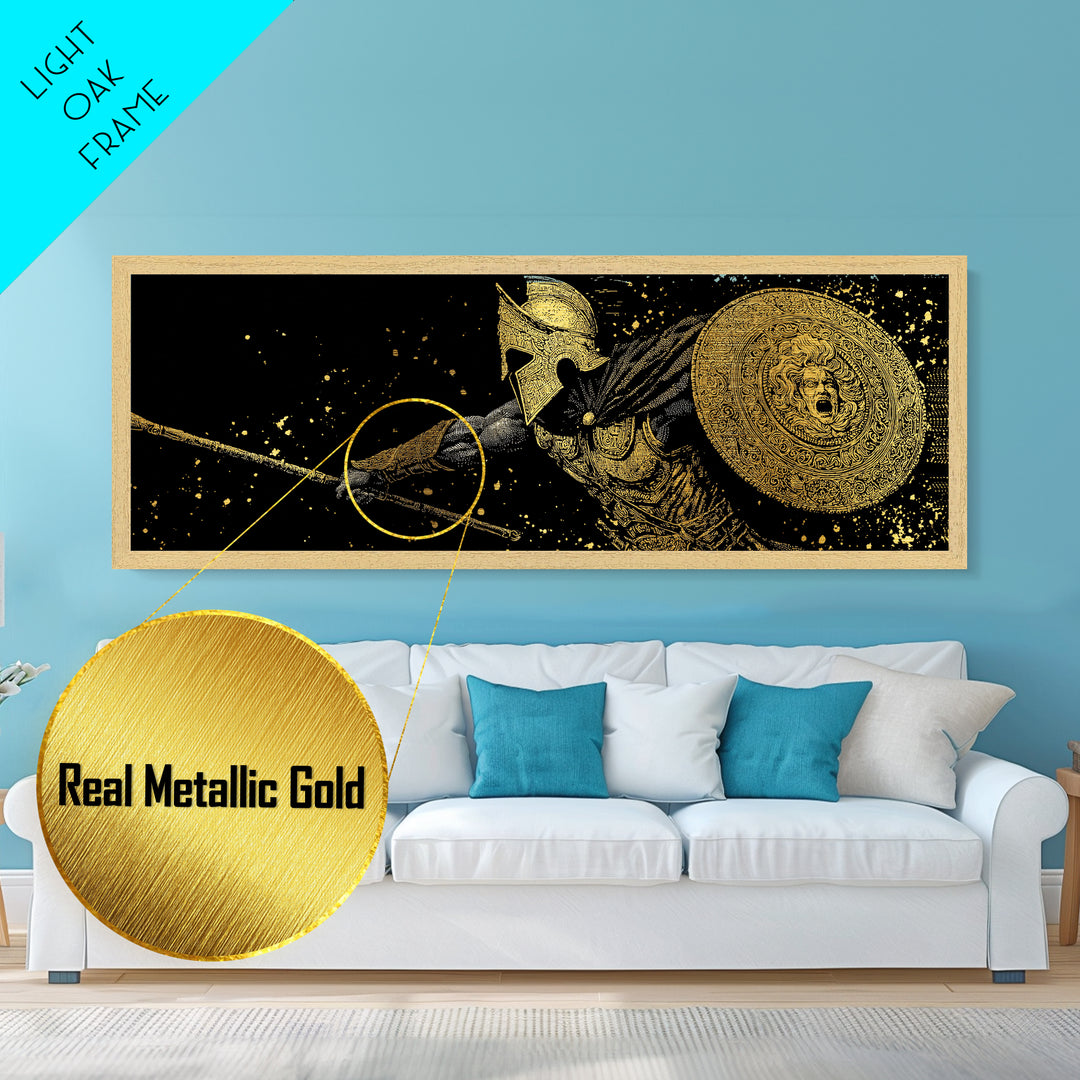 Heroic Warrior With Shield, Ancient Greek Spartan Mythological Battle Artwork, Metallic Gold Metal Print, Real Wood Frame Wall Decor