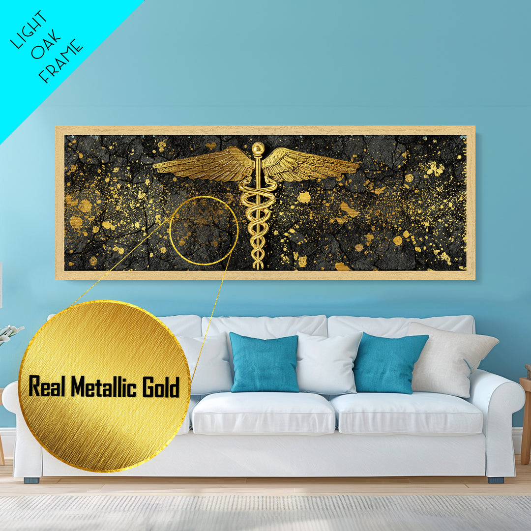 Caduceus Symbol Artwork, Ancient Mythological Medicine Emblem Decorative Wall Art, Metallic Gold Metal Print, Real Wood Frame